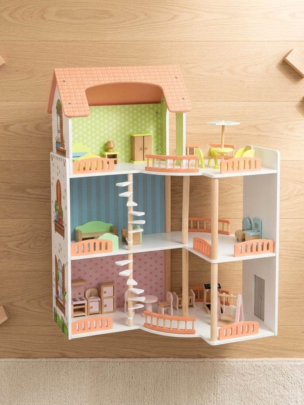 Wooden Dollhouse Playset, 3-Story Montessori Pretend Play Toy - Picture 3 of 16